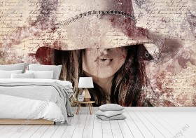 Wizualizacja fototapety z widokiem na twarz kobiety ukrytą pod kapeluszem. Fototapeta do pokoju dziennego, młodzieżowego, sypialni, salonu, biura, gabinetu, przedpokoju i jadalni.