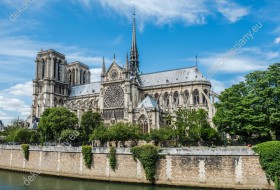Wzornik obrazu z widokiem na gotycką Katedrę Notre Dame w Paryżu, wśród bujnej zieleni. Katedra jest jedną z najbardziej znanych na całym świecie. Obraz do sypialni, salonu, pokoju dziennego, biura, gabinetu, przedpokoju.