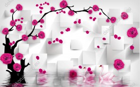 Wzornik obrazu z efektem 3D przedstawia różane drzewo na tle abstrakcyjnych, białych kwadratów. Obraz do pokoju młodzieżowego, dziennego, salonu, sypialni, gabinetu, biura, przedpokoju i jadalni.