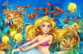 Wzornik obrazu do pokoju dziecięcego. Obraz z syrenką pływającą wśród kolorowych rybek z podwodnego królestwa.