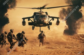 Wzornik obrazu o tematyce wojennej. Żołnierze biegną do helikoptera na polu bitwy. Obraz do pokoju młodzieżowego, sypialni, salonu, przedpokoju, biura.