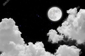 Wzornik obrazu do pokoju dziennego, młodzieżowego, biura, salonu, sypialni. Obraz przedstawia jaśniejący Księżyc w pełni i chmury, na tle ciemnego, rozgwieżdżonego, nocnego nieba.