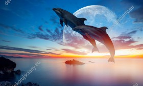 Wzornik, delfiny skaczące nad oceanem, na tle zachodzącego słońca i delikatnego księżyca w pełni. Obraz do pokoju dziennego, młodzieżowego, dziecięcego, salonu, sypialni, biura.