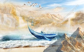 Wzornik obrazu przedstawia niebieską łódź z latarnią niesioną przez wzburzone, morskie fale, między malowniczymi górami i stado lecących żurawi na niebie. Obraz do pokoju dziennego, dziecięcego, młodzieżowego, salonu, sypialni, biura.
