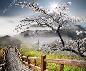 Wzornik obrazu w japońskim wiosennym, klimacie z drewnianym mostem, drzewem kwitnącej wiśni i górami. Obraz przeznaczona do pokoju dziennego, sypialni, biura, salonu, gabinetu.