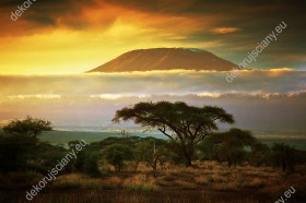 Wzornik obrazu z widokiem na sawannę i górę Kilimanjaro leżącą przy granicy Kenii i Tanzanii opromienione blaskiem zachodzącego słońca. Obraz do pokoju dziennego, sypialni, salonu, biura, gabinetu, przedpokoju i jadalni.