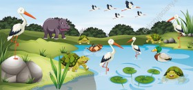 Wzornik obrazu do pokoju dziecięcego z dzikimi zwierzętami. Bociany, żółwie, kaczki, hipopotam i wydra kąpią się w stawie.