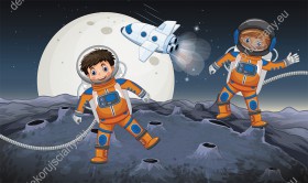 Wzornik obrazu do pokoju dziecięcego z motywem kosmosu. Dwóch małych astronautów spacerujących po obcej planecie na tle z Księżycem i lecącą rakietą kosmiczną.