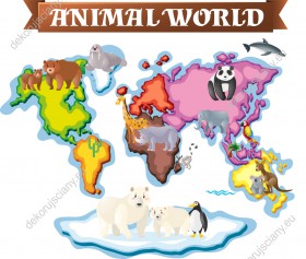 Wzornik obrazu do pokoju dziecięcego przedstawiająca mapę świata z kolorowymi kontynentami i zwierzętami, na białym tle.
