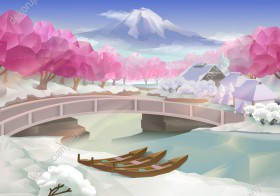 Wzornik obrazu do pokoju dziennego, młodzieżowego, dziecięcego, salonu, sypialni, biura. Obraz z widokiem na krajobraz ośnieżonej, japońskiej wioski i różowych, kwitnących drzew wiśni (sakura).