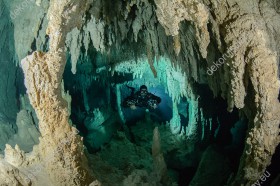 Wzornik obrazu z widokiem nurka, pływającego w jaskini na Cenotes w Meksyku. Obraz na ścianę do pokoju dziennego, salonu, sypialni, biura, gabinetu, przedpokoju.