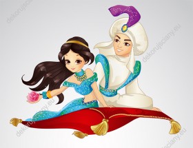 Wzornik obrazu do pokoju dziecięcego z bajkowym motywem Aladyna i księżniczki Jasminy, podczas lotu na latającym dywanie.