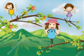 Wzornik obrazu do pokoju dziecięcego z małymi aniołkami bawiącymi się na gałęziach drzew.