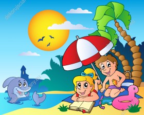 Wzornik obrazu do pokoju dziecięcego z dziećmi odpoczywającymi na plaży i delfinem wesoło pływającym w morzu.