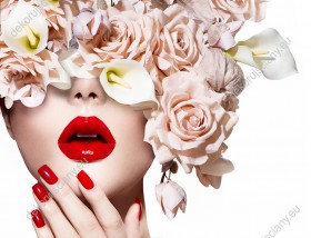 Wzornik obrazu z wizerunkiem kobiety skrytej pod kapeluszem z kwiatów, z czerwonymi ustami i paznokciami. Obraz przeznaczony do gabinetu i sypialni.