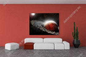 Wizualizacja obrazu z czerwoną planetą toczoną asteroidowym pierścieniem. Obraz do pokoju dziennego, młodzieżowego, biura, salonu, sypialni, gabinetu, przedpokoju.