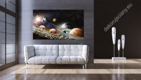 Wizualizacja obrazu z motywem kosmosu przedstawia kolorowe planety układu słonecznego. Obraz do pokoju młodzieżowego, sypialni, salonu, gabinetu, biura.