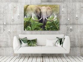 Wizualizacja obrazu z widokiem na dużego słonia afrykańskiego idącego przez zieloną dżunglę. Obraz do pokoju dziennego, dziecięcego, młodzieżowego, sypialni, salonu, biura, gabinetu, przedpokoju i jadalni.