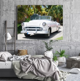 wizualizacja obrazu z białym, klasycznym samochodem amerykańskim wśród palm na Kubie. Obraz do pokoju dziennego, sypialni, salonu, biura, gabinetu, przedpokoju i jadalni.