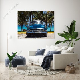Wizualizacja obrazu z amerykańskim samochodem, marki Chevrolet, zaparkowany przy plaży na Kubie. Obraz do pokoju młodzieżowego, sypialni, salonu, pokoju dziennego, gabinetu, biura.