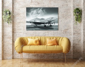 Wizualizacja, czarno-biały obraz do pokoju dziennego, sypialni, salonu, biura, gabinetu, przedpokoju i jadalni przedstawiający stary, historyczny samolot na lotnisku.