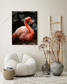Wizualizacja obrazu do pokoju dziennego, dziecięcego, młodzieżowego, sypialni, salonu, biura, gabinetu, przedpokoju i jadalni przedstawia majestatycznego, czerwonego flaminga.
