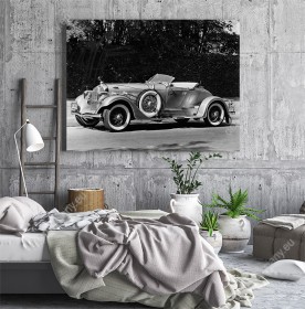 Wizualizacja, czarno-biały obraz do pokoju dziennego, sypialni, salonu, biura, gabinetu, przedpokoju i jadalni ze starym, klasycznym samochodem.