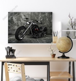 Wizualizacja obrazu w nowoczesnym stylu przedstawiający wspaniały, czarny motocykl. Obraz  do pokoju dziennego, młodzieżowego, sypialni, salonu, biura, gabinetu, przedpokoju i jadalni.