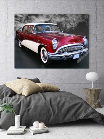 Wizualizacja obrazu ze starym, amerykańskim, zabytkowym samochodem. Obraz do pokoju młodzieżowego, sypialni, salonu, pokoju dziennego, gabinetu, biura.