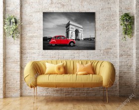 Wizualizacja obrazu przedstawia czerwony samochód-garbus na ulicach Paryża z Łukiem Triumfalnym w tle. Obraz do pokoju młodzieżowego, dziennego, salonu, gabinetu, biura, sypialni, przedpokoju i jadalni.