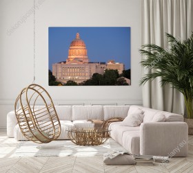 Wizualizacja obrazu z budynkiem Kapitolu o zmroku w Waszyngtonie. Obraz do pokoju dziennego, sypialni, salonu, biura, gabinetu, przedpokoju i jadalni.