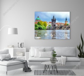 Wizualizacja obrazu z panoramą Pragi nad rzeką Wełtawą i pływającymi łabędziami. Obraz do pokoju dziennego, sypialni, salonu, biura, gabinetu, przedpokoju i jadalni.