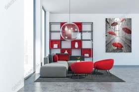 Wizualizacja obrazu w nowoczesnym stylu do sypialni, salonu, biura, przedpokoju, gabinetu, pokoju młodzieżowego. Obraz przedstawia ulice miasta w czasie pory deszczowej i spadające, czerwone parasole.