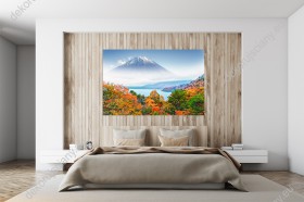 Wizualizacja obrazu z widokiem na barwne, jesienne drzewa i Japońską Górę Fuji otoczoną mgłą. Obraz do pokoju dziennego, sypialni, salonu, biura, gabinetu, przedpokoju i jadalni.