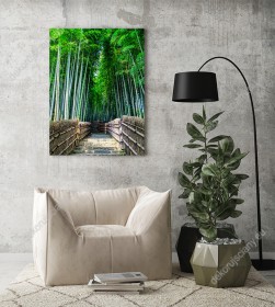 Wizualizacja obrazu z motywem bambusowego, zielonego lasu. Obraz do sypialni, salonu, pokoju wypoczynkowego i młodzieżowego, biura oraz gabinetu.
