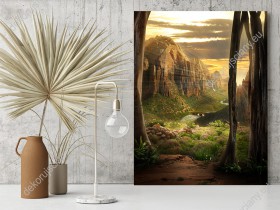 Wizualizacja obrazu przedstawiający bajeczny krajobraz, widok na zieloną dolinę i skaliste góry skąpane w promieniach zachodzącego słońca. Obraz do pokoju dziennego, sypialni, salonu, biura, gabinetu, przedpokoju i jadalni.