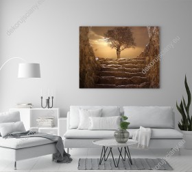 Wizualizacja obrazu z widokiem na drzewo u szczytu kamiennych schodów. Obraz do pokoju dziennego, sypialni, salonu, biura, gabinetu, przedpokoju i jadalni.