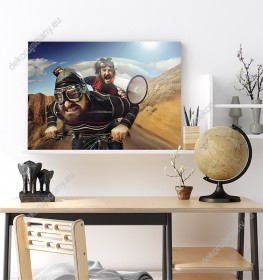 Wizualizacja obrazu do pokoju młodzieżowego, salonu, sypialni, pokoju dziennego, gabinetu, przedpokoju, biura. Dwóch wesołych rowerzystów, w podróży przez świat.