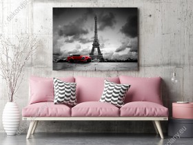 Wizualizacja obrazu z czerwonym samochodem retro na tle Wieży Eiffla w Paryżu. Nowoczesny obraz do sypialni, salonu, pokoju młodzieżowego i biura.