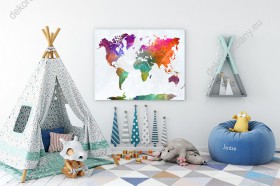 Wizualizacja obrazu przeznaczony do pokoju dziecięcego, młodzieżowego, sypialni, salonu a nawet gabinetu. Kolorowa mapa świata malowaną akwarelą.