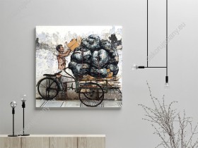 Wizualizacja obrazu przedstawia grafikę namalowaną przez zacnego artystę na murze. Mężczyzna wiozący ładunek w przyczepce podczepionej pod rower. Obraz do pokoju dziennego, młodzieżowy, sypialni, salonu, biura, gabinetu, przedpokoju i jadalni.