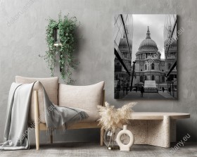 Wizualizacja, czarno-biały obraz z Katedrą Świętego Pawła ukrytą między nowoczesnymi wieżowcami w Londynie. Obraz do pokoju dziennego, biura, salonu, sypialni, gabinetu, przedpokoju i jadalni.