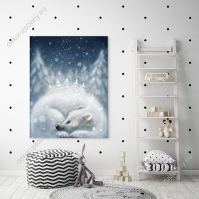 Wizualizacja obrazu do pokoju dziecięcego i młodzieżowego z zimową aurą przedstawiającego białego niedźwiedzia śpiącego wśród drzew i padającego śniegu.