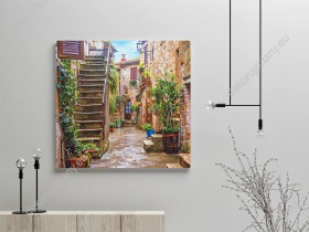 Wizualizacja obrazu z widokiem na spokojną uliczkę ozdobioną zielonymi roślinami w starym mieście w Toskanii we Włoszech. Obraz do pokoju dziennego, sypialni, salonu, biura, gabinetu, przedpokoju i jadalni.