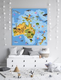 Wizualizacja obrazu do pokoju młodzieżowego i dziecięcego. Obraz przedstawia mapę Australii i Oceanii z kolorowymi zwierzętami i roślinami.