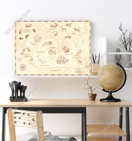Wizualizacja obrazu do pokoju dziennego, młodzieżowego, dziecięcego, salonu, sypialni, biura. Na obrazie mapa świata w stylu vintige ze zwierzętami pięknie zdobi ścianę.