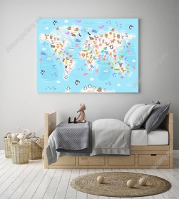 Wizualizacja obrazu do pokoju dziecięcego przedstawiająca mapę świata z kolorowymi zwierzętami ze wszystkich kontynentów, na błękitnym tle mórz i oceanów.