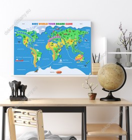Wizualizacja obrazu do pokoju dziecięcego z grą planszową prezentującą podróż przez kontynenty i oceany na mapie świata.