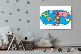 Wizualizacja obrazu do pokoju dziecięcego przedstawiająca kolorową mapę i dzieci podróżujące przez świat.