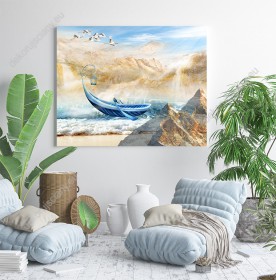 Wizualizacja obrazu przedstawia niebieską łódź z latarnią niesioną przez wzburzone, morskie fale, między malowniczymi górami i stado lecących żurawi na niebie. Obraz do pokoju dziennego, dziecięcego, młodzieżowego, salonu, sypialni, biura.